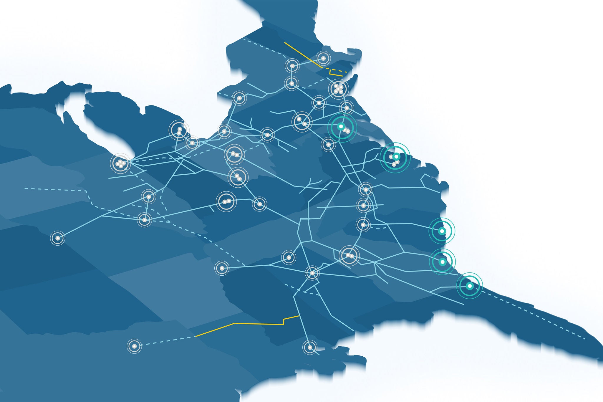 Blue graphic of the East side of the United States of America showing all Norfolk Southern train lines for shipping military equipment