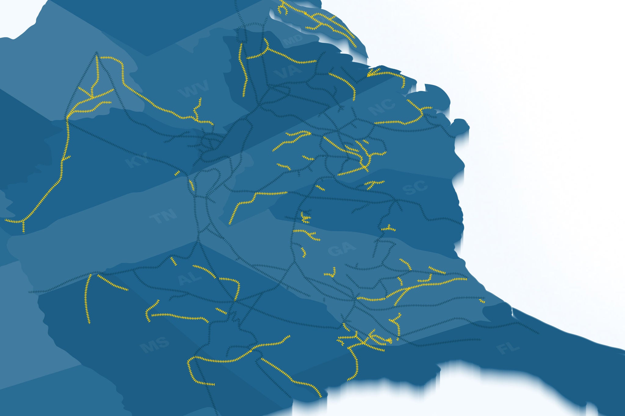 Norfolk Southern chemical transport short lines map on a blue graphic of the united states